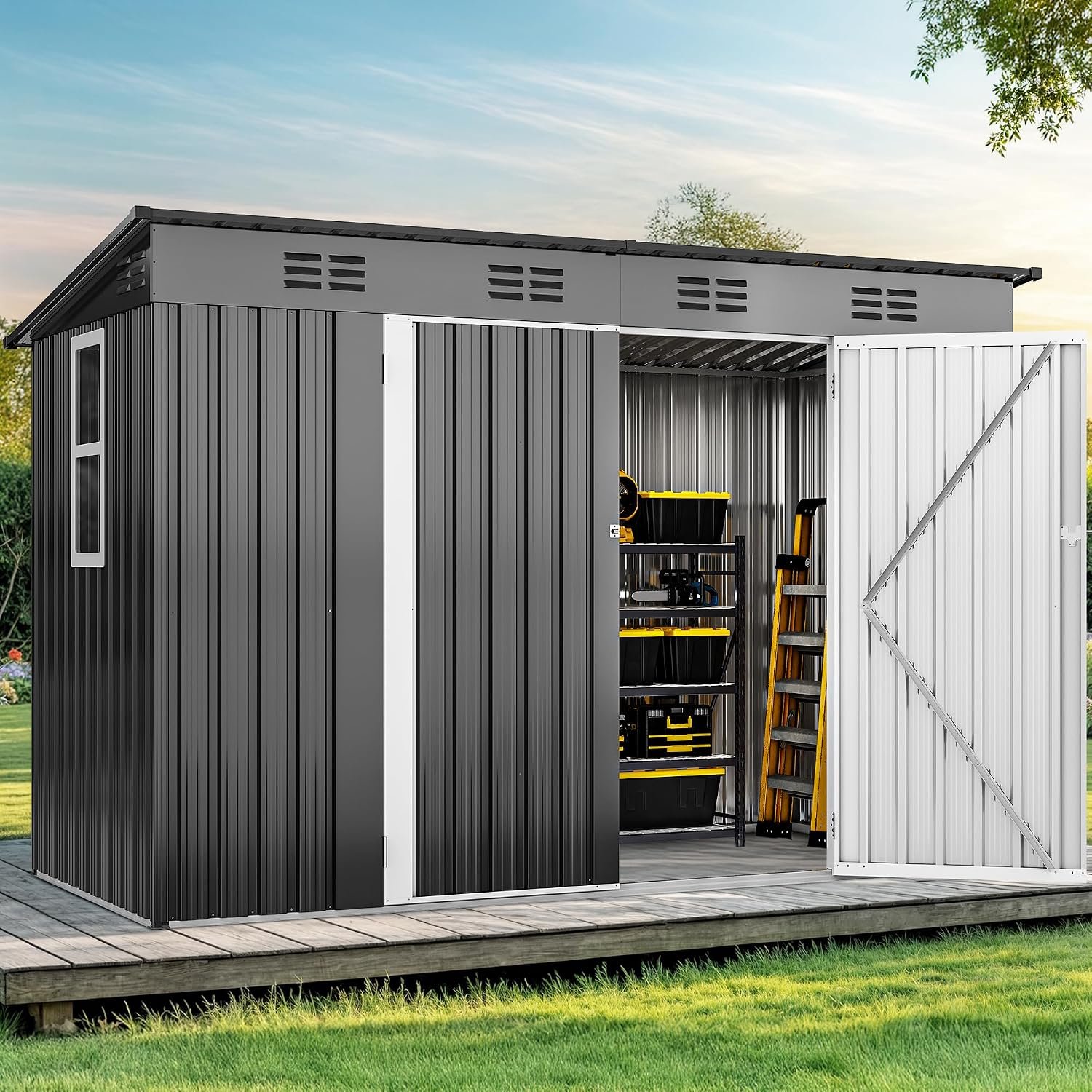 Heavy-Duty Steel Storage Shed with Windows and Lockable Double Doors for Garden Tools Heavy-Duty Steel Storage Shed with Windows and Lockable Double Doors for Garden Tools - Image 1