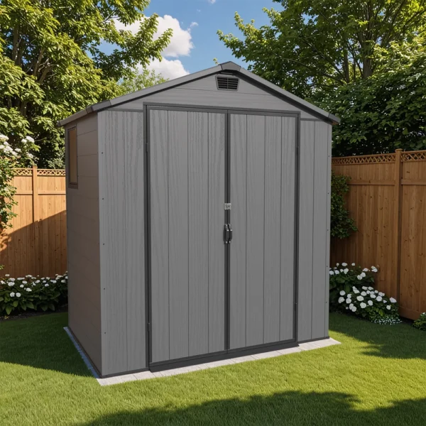 product-6x4-plastic-shed-horizontal-dark-gray-scene-img-close-door Patiowell 6x4 Plastic Shed with Window & Vent, Dark Gray