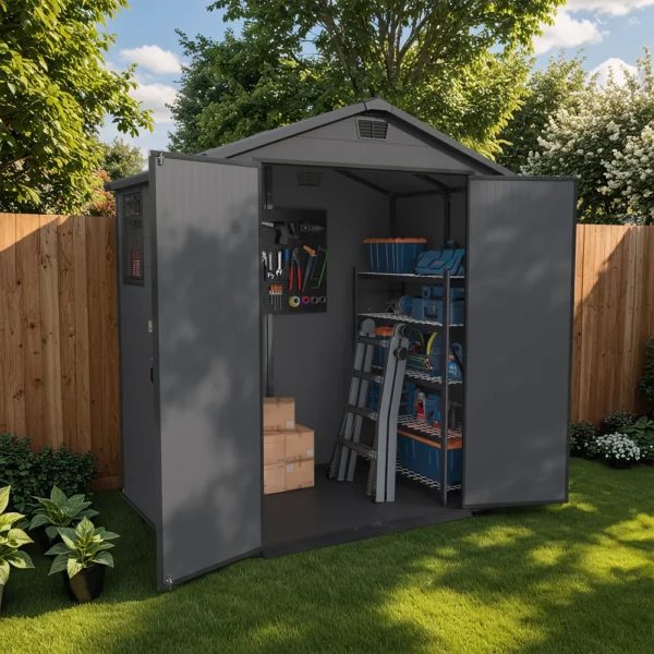 product-6x4-plastic-shed-horizontal-dark-gray-scene-img-open-door Patiowell 6x4 Plastic Shed with Window & Vent, Dark Gray