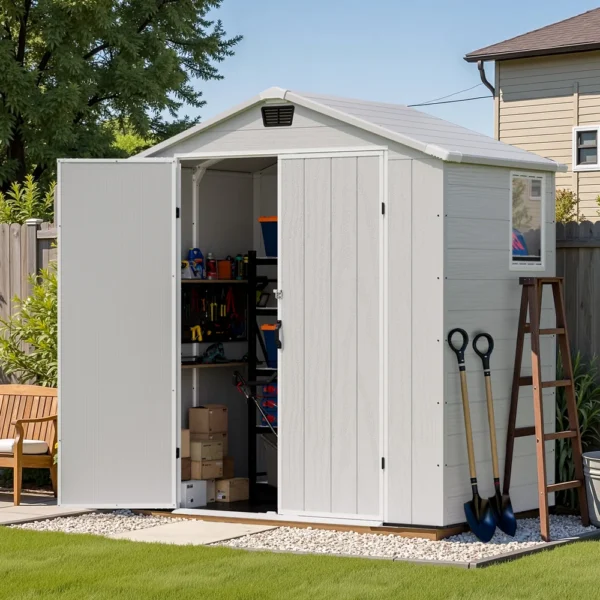 product-6x4-plastic-shed-horizontal-gray-scene-img-open-door Patiowell 6x4 Plastic Shed with Window & Vent, Gray
